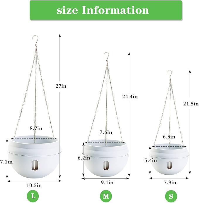 Sungmor 2PC 6.5" & 8.7" Dia. Self Watering Hanging Planters, Strong Plastic Hanging Flower Pots, Decorative Indoor Outdoor Hanging Basket, Garden House Porch Yard Detachable Base Suspended Plant Pots