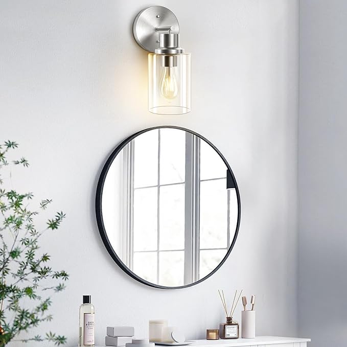 GORDNWE 1-Light Bathroom Wall Sconce, Brushed Nickel Vanity Light, Modern Wall Light Fixture with Clear Glass Shade and E26 Bulb Base, Wall Lamp Wall Mount Light Fixtures for Mirror, Bedroom, Hallway