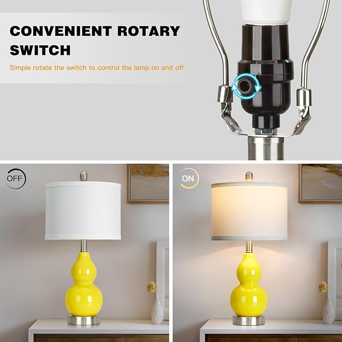 Double Gourd Ceramic Table Lamps Set of 2, Modern Yellow Bedside Lamps for Night Stand, Contemporary Nightstand Lamps for Bedroom Living Room (Bulb Included)