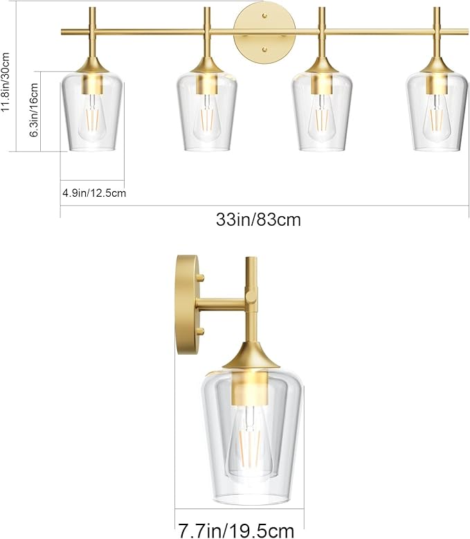 Ralbay 4-Lights Gold Vanity Light Fixture Vintage Gold Vanity Lights Wall Lighting Clear Glass Gold Bathroom Light Fixtures Over Mirror