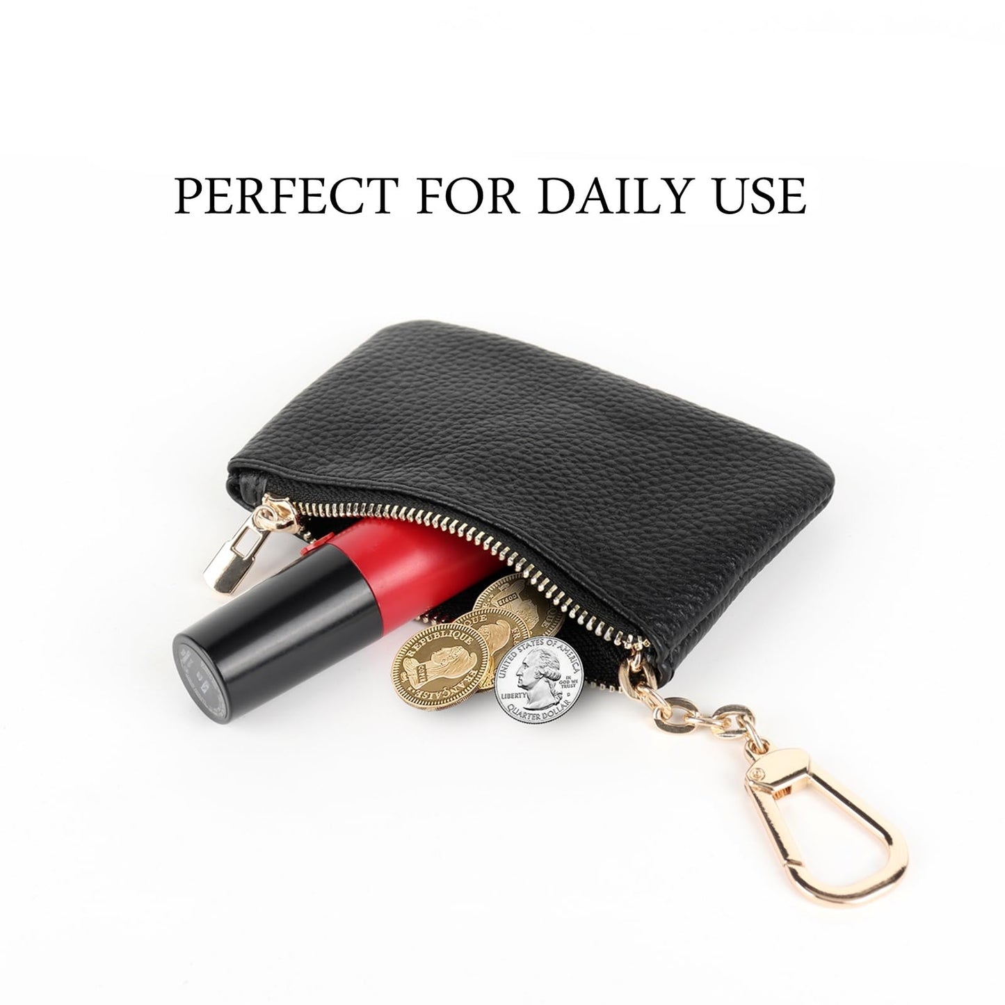 LARENNT Full Grain Leather Coin Purse With Key Chain - Small Change Purse Card Holder Keychain Pouch Wallet for Women and Men (Black)