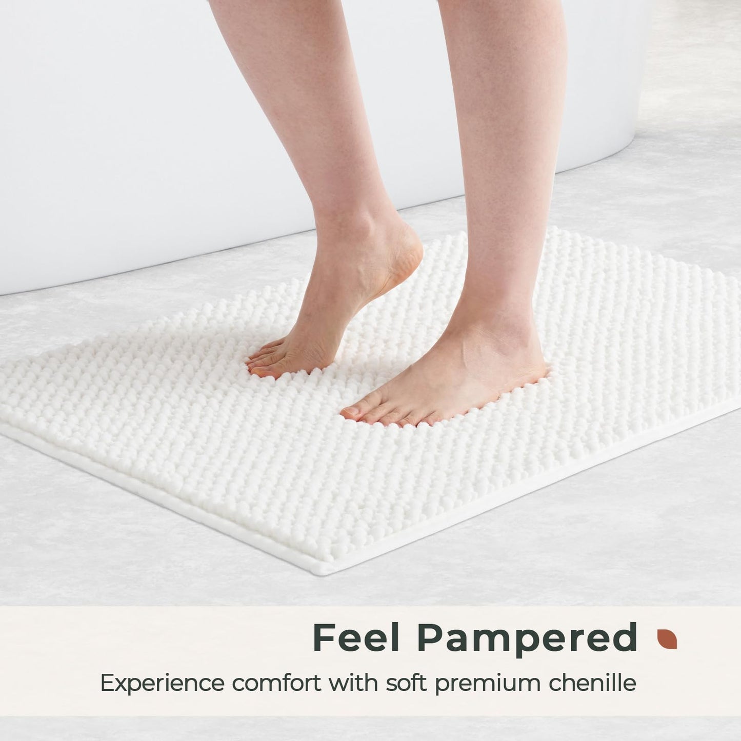 FRESHMINT Chenille Bathroom Rugs Sets 2 Piece 17"x24"+20"x47", Non-Slip Bath Mats Set for Bathroom, Absorbent Bath Rug, Washable Set of 2 Shower Floor Mat Runner, White