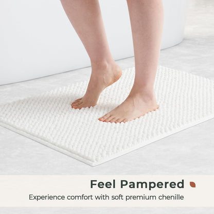 FRESHMINT Chenille Bathroom Rugs Sets 2 Piece 17"x24"+20"x47", Non-Slip Bath Mats Set for Bathroom, Absorbent Bath Rug, Washable Set of 2 Shower Floor Mat Runner, White