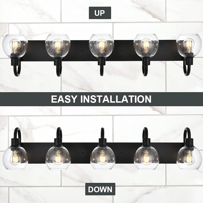 Bathroom Light Fixtures 5-Lights Matte Black Farmhouse Vanity Lighting with Seeded Globe Glass for Over Mirror