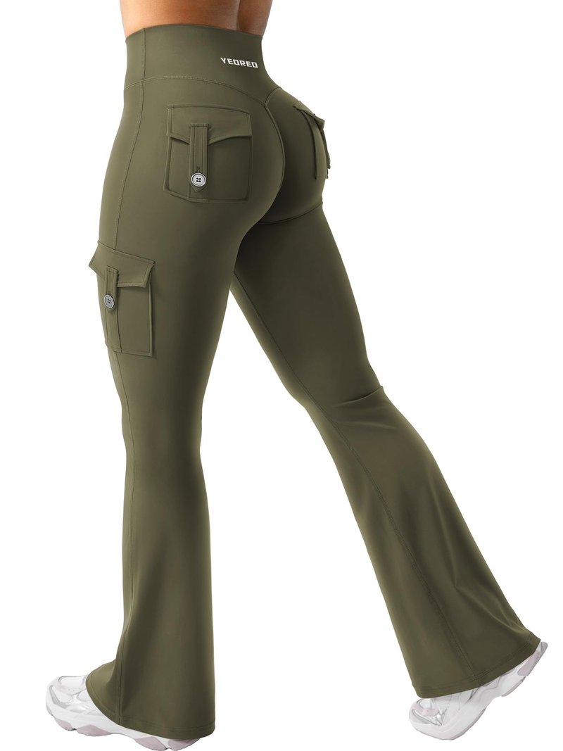 YEOREO CoreFlex Women Workout Flare Leggings with Pockets Hidden Scrunch High Waisted Cargo Gym Yoga Leggings Army Green XS