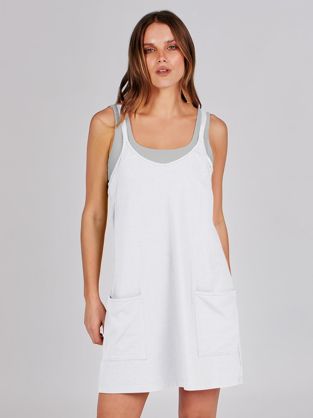 ANRABESS Women Athletic Dress Summer Tennis Workout Active Sports Mini Romper Dress Built in Shorts Travel Vacation Clothes White Small