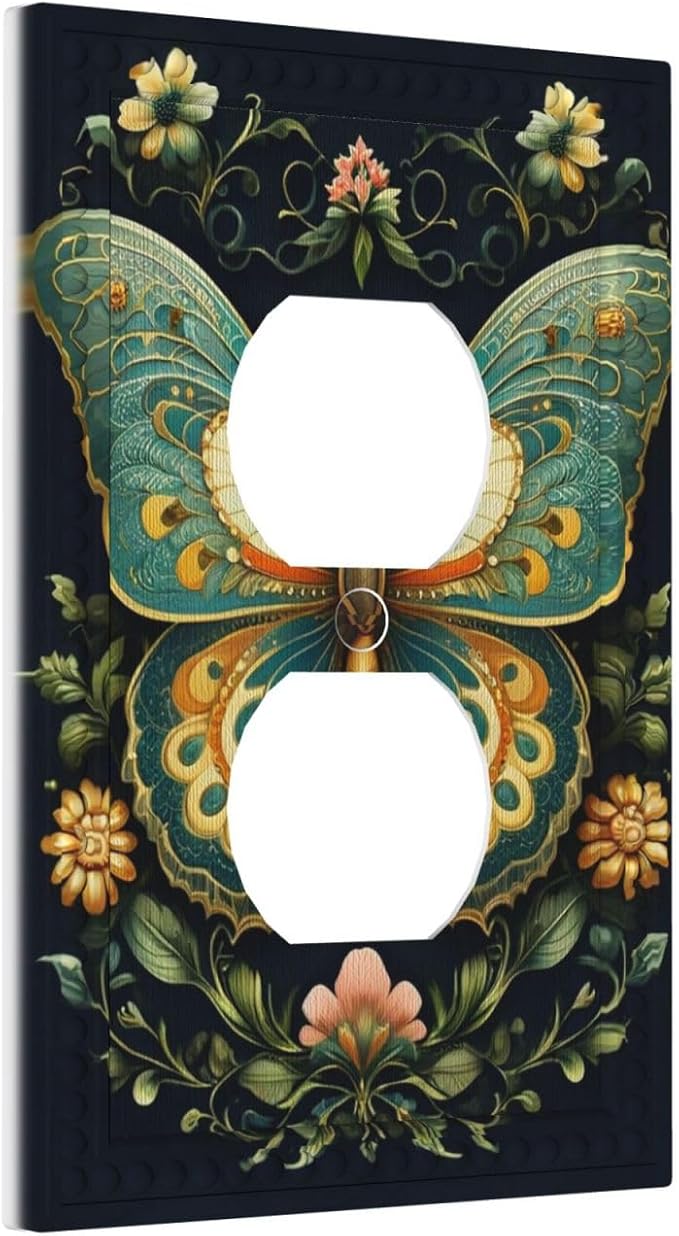 Butterfly Ornate with Flower Light Switch Cover 1 Gang Outlet Plate Single Duplex Wall Plate Covers Decorative Switchplate Covers Electrical Faceplate for Home Decor
