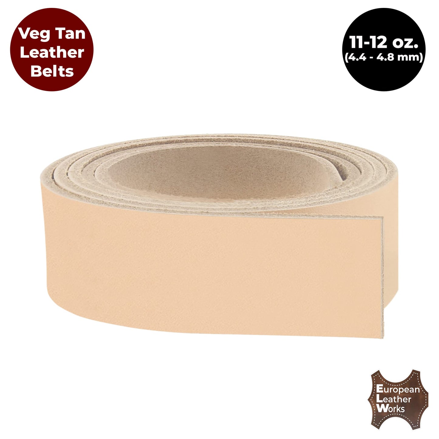 European Leather Works 11-12 oz. (4-4.8mm) Vegetable Tanned Leather Belt Blanks/Straps Size: 1-1/4"x60" (3.2x152.4cm) Full Grain Cowhide Tooling, Crafting, Knife Sheath, Furniture
