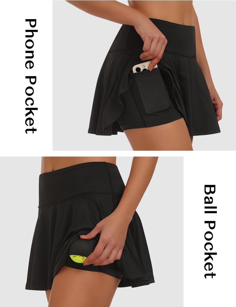 Buauty Women's Flared Athletic Skort High Waisted Tennis Skirt with Built-in Shorts and Pockets for Pickleball Golf and Everyday Active Wear Black