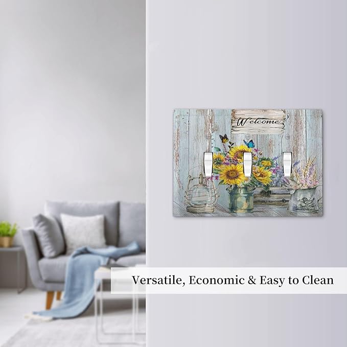 Sunflower Vintage Barn Wooden 3 Gang Light Switch Covers Sun floral Triple Toggle Wall Plate Decorative Switchplate Electrical Faceplate Farmhouse Home Livingroom Decor
