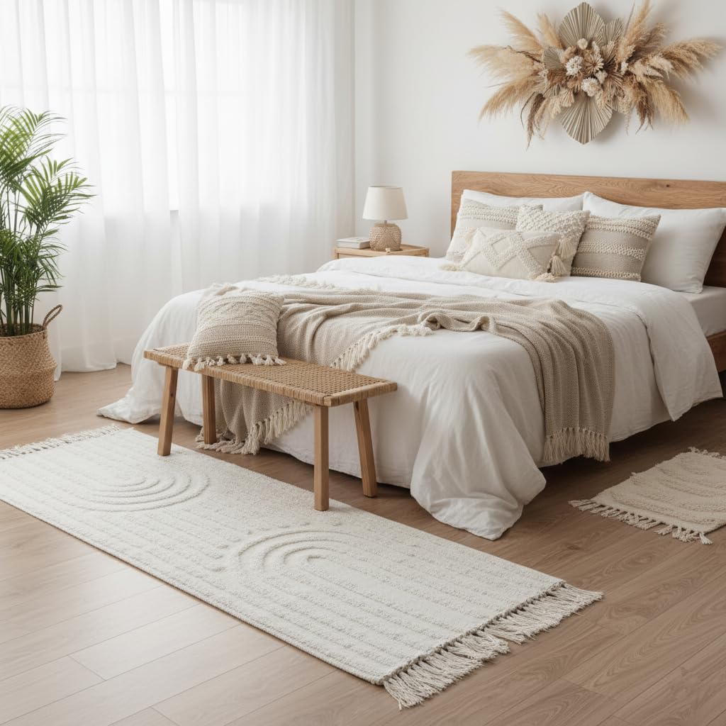 LEEVAN Boho Runner Rug Washable 2'x5' Woven Beige Cotton Farmhouse Kitchen Rugs with Tassels Bohemian Rainbow Hallway Accent Rug for Bedroom/Bathroom/Laundry or Living Room
