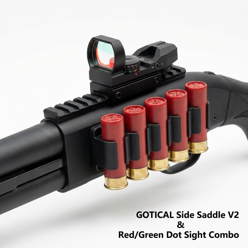 Combo of 2 | Side Saddle Shutgun Shell Holder V2 & Reflex Sight Red Green Reticles with Weaver Picatinny Rail Mount, Compatible with Mossberg 500/590/Shockwave Series Shutguns