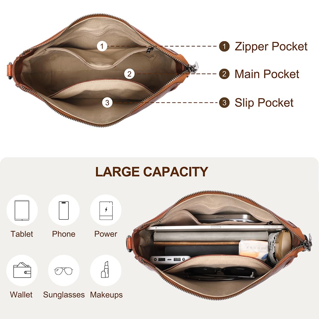 COOLCY Real Leather Crossbody Bags for Women Handbags Ladies Hobo Shoulder Purse Vintage Satchel Cross Body bag with 2 straps