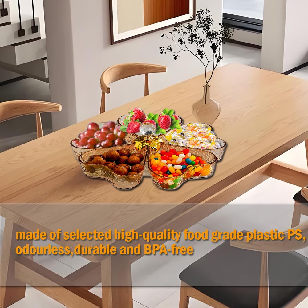 Leholao Divided Rotating Serving Tray with Lid and Handle, Portable 5 Compartments Snackle Box for Fruits, Candy, Snacks, Veggie, Nuts, Snack Spinner Organizer, Gold,11.2" L