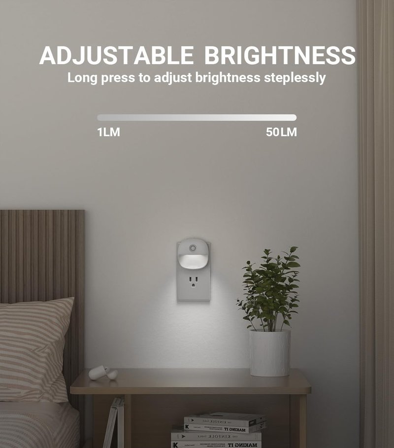Lyridz Plug in Night Light with Motion Sensor and Dusk to Dawn Sensor, Dimmable Cool White Nightlight with 1-50lm Adjustable Brightness for Bedroom, Bathroom, Stairs, Hallway, 4 Pack