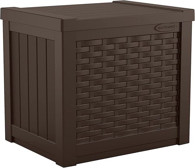Suncast Small Outdoor Storage Box - 22 Gallon Java Resin Outdoor Deck Box, Flat-Lid Bench Seating, Patio Storage Bin Container for Organizing Toys, Tools, Cushions for Porch, Deck, Pool, & Garden