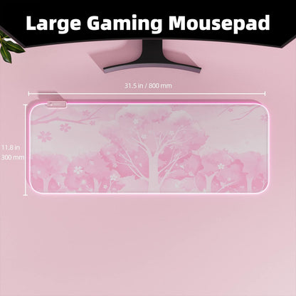 Pink RGB LED Gaming Mouse Pad, 14 Modes Glow Pad, Extra Large Gaming Mousepad,Waterproof Rubber Non Slip Cute Sakura Mat, Extended Big Keyboard and Mouse Pad Mat for Gamer Office Home, XXL 800×300×4mm