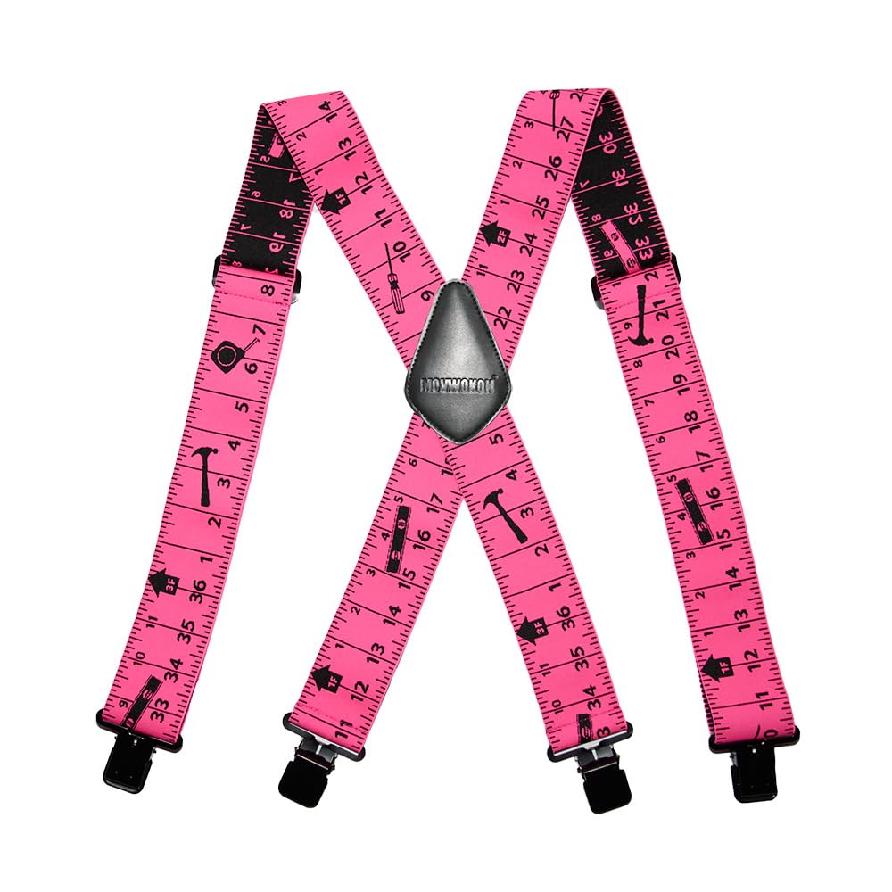 Movwokon Men's 2" Wide Heavy Duty X-Back Elastic Suspenders, Strong Metal Clips, Adjustable for Tool Belt/Carpenter(pink)