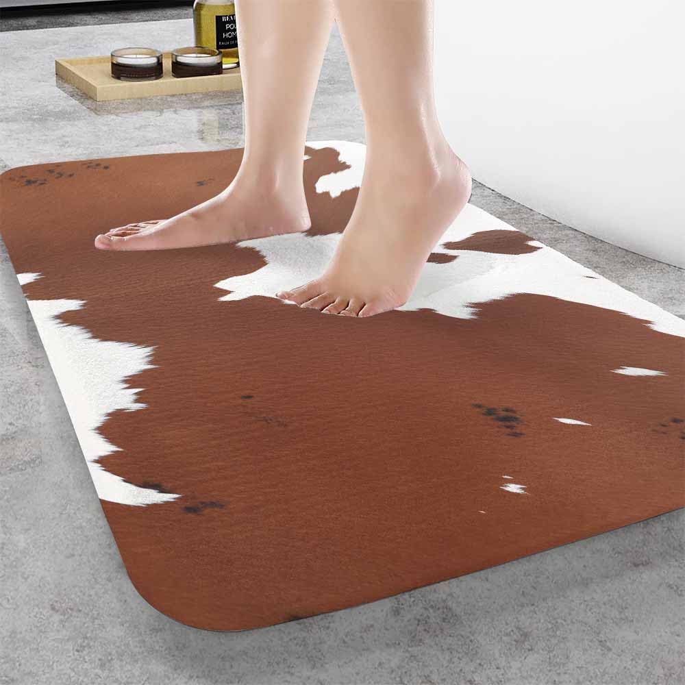 Lungtao Cowhide Bath Mat for Bathroom Farm Animal Brown Cowhide Print Cow Bath Rugs Door Mat Non Slip Rubber Backed Bathroom Floor Mat for Bathtub Sink Shower 20"X32"