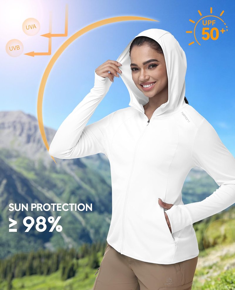 Haimont Women's Sun Protection Hoodie Jacket UPF 50+ Lightweight Long Sleeve Full Zip Sun Shirt for Hiking Fishing White M