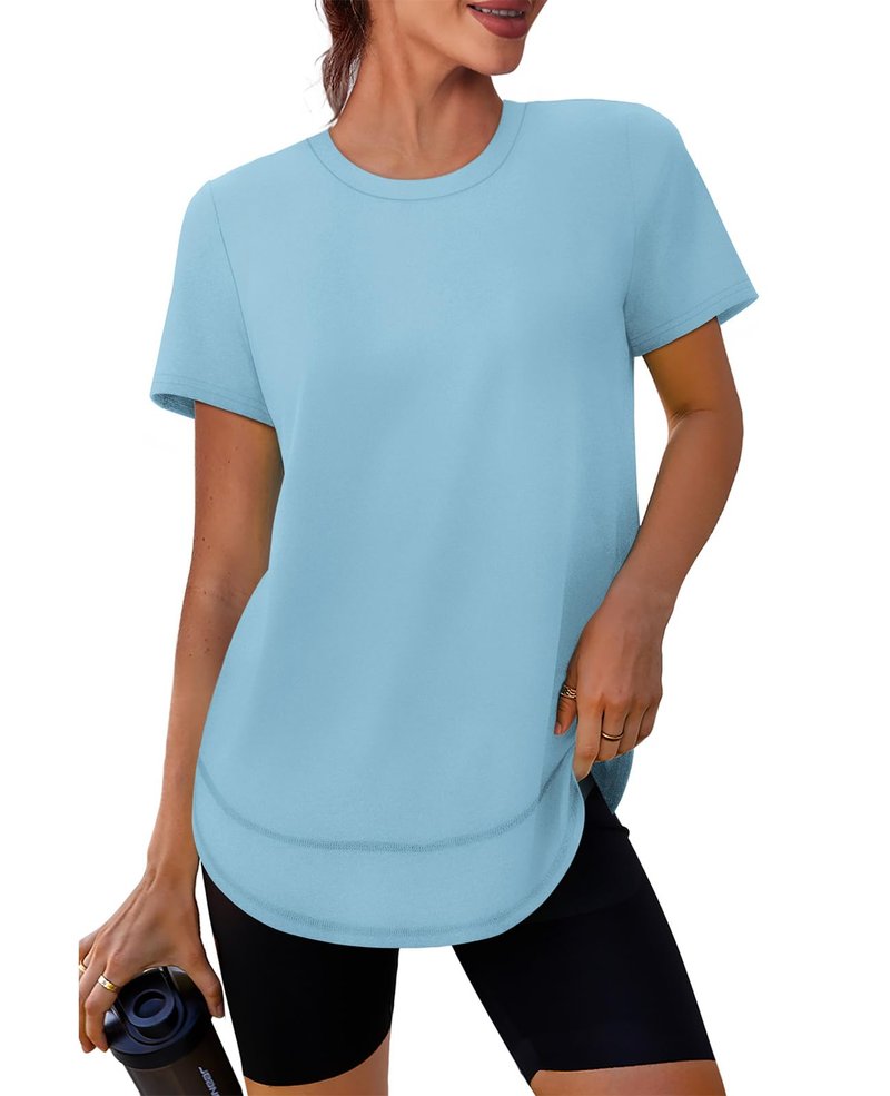 Spring Summer Tops for Women Short Sleeve Hiking Shirts Athleisure Golf Shirt Beach Fashion Curved Hem Loose Fit Blue XXL