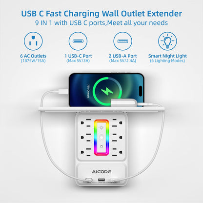 Wall Outlet Extender with Shelf, USB C Outlet with Surge Protector with Nightlight,6 Outlets with 3 USB Ports(2 USB A*1 USB C) Plug Expander Charger Large Shelf with Storage for Bathroom,Kitchen,Dorm