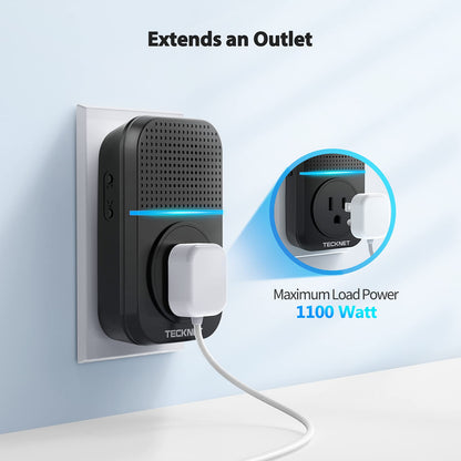TECKNET Wireless Doorbell, Self-Powered Doorbell, 0-110db Plug-through Wireless Doorbell Ringer for Homes Classroom, IP66 Waterproof 1300ft Door Chime with Extra Socket, 60 Chimes, LED Light (White)