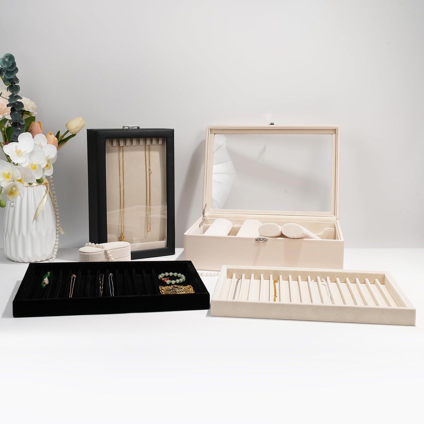 OrizeGe Jewelry Box with Glass Lid Bracelet Holder PU Leather for 4 Horizontal Rods Beige Velvet Watch Case for Women