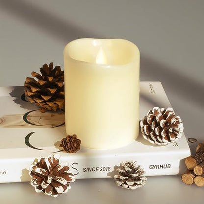 Flameless Candles Last 1300+ Hours Real Wax Flame Effect Auto-Moving 3D Wick, LED Pillar Candles with Timers Battery Operated - Ivory 4"