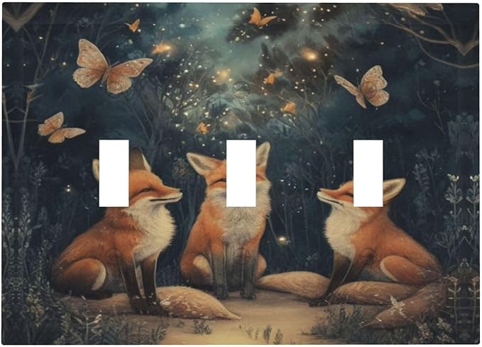 Decorative Art Light Switch Covers Foxes & Forest 3 Gang Triple Toggle Wall Plate Decorative Switch plate Electrical Faceplate for Home Decor