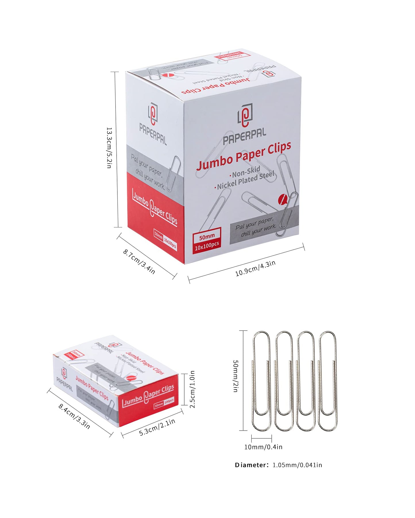 PAPERPAL Paperclips for Office School & Personal Use, Jumbo Nonskid Paper Clip (2"), 1000 Large Paper Clips (10 Boxes of 100 Each), Silver