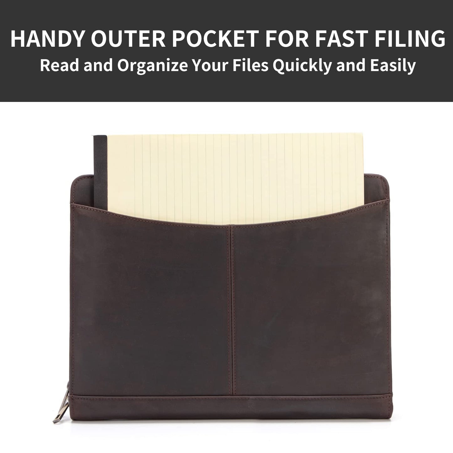 Geslun Genuine Leather Portfolio with Front Pocket for Men and Women, Zippered Padfolio Binder 8.5 x 11 Legal Pad Notebook Holder, Fits 13” Laptop, Professional Work File Case, Dark Brown