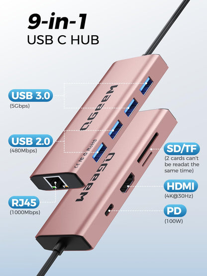 QGeeM USB C Hub Ethernet,9 in 1 USB Type C Hub HDMI Multi-Port Converter Adapter,100W Pd, USB 3.0,SD/TF Card Reader,Compatible for MacBook Pro Air Ipad HP Dell Lenovo Chromebook etc.