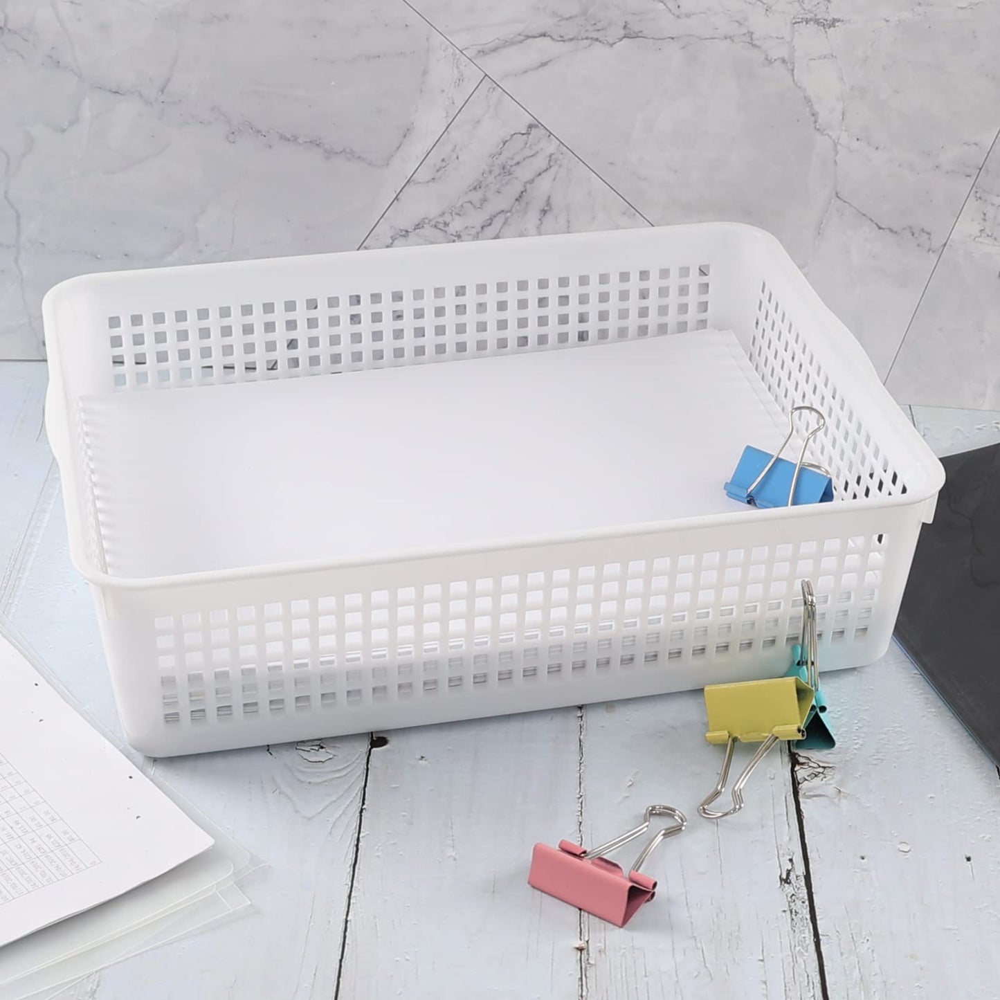 Innouse 6 Pack A4 Paper Size Plastic Storage Baskets, White File Organizer Basket Tray