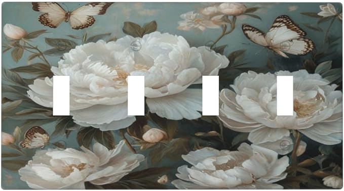 Decorative Art Light Switch Covers Butterflies & Peonies Quad Toggle 4 Gang Wall Plate Switch plate Electrical Faceplate for Home Decor