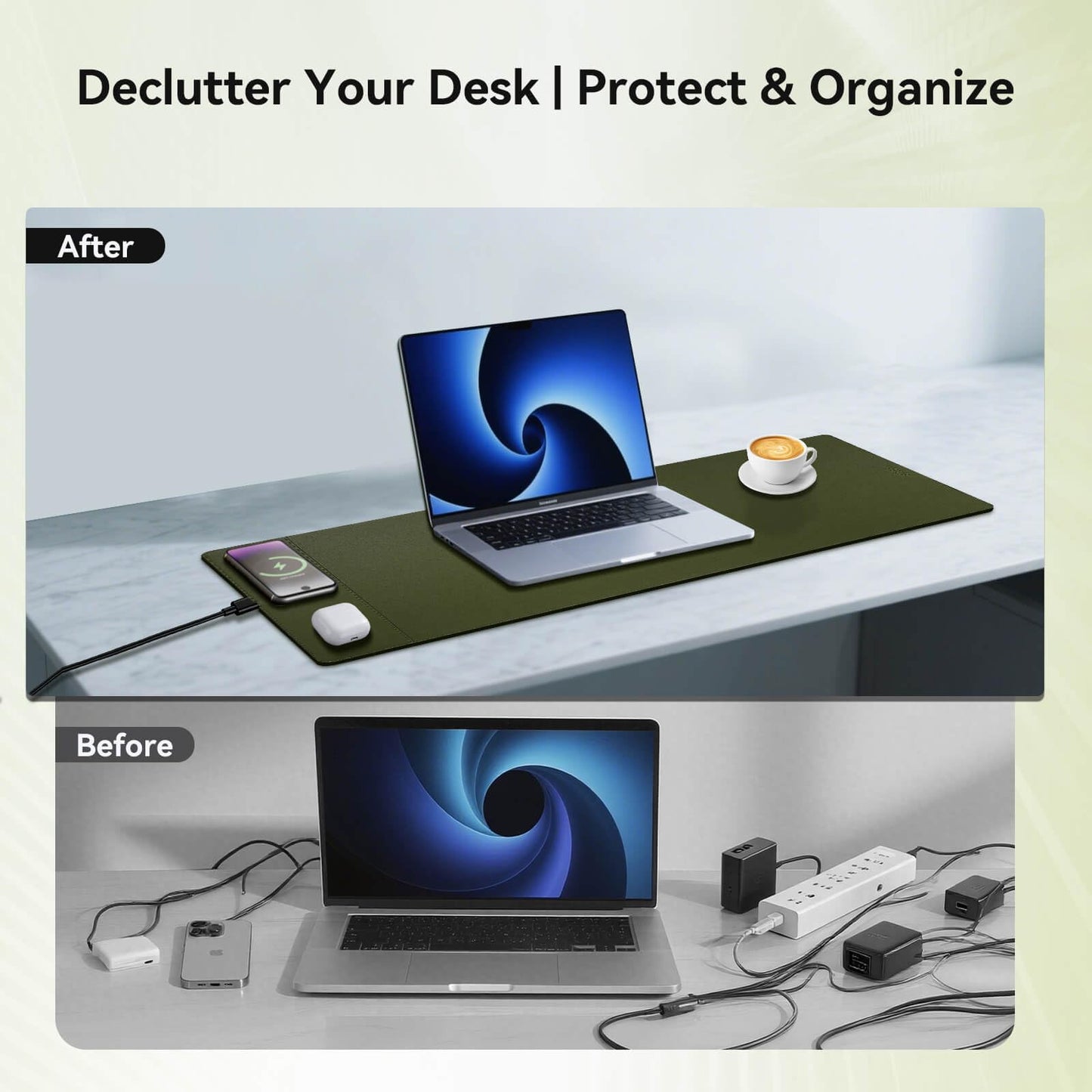 Hi-HONX Wireless Charging Mouse Pad, 15W Fast Charge Magnetic Charger Desk Pad, Large Office Desk Mat (31"x11.7") with Ultra-Smooth Surface, Green Computer Mousepad for MacBook, PC, Laptop