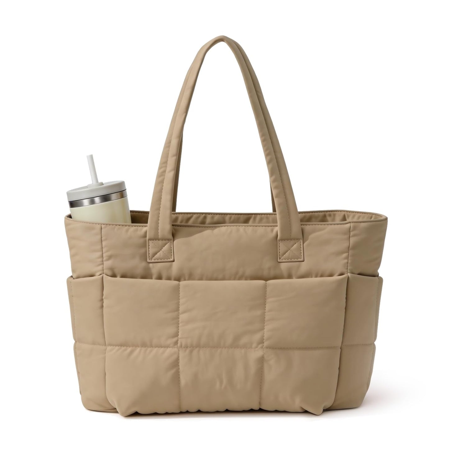 SODEER Travel Tote Bag for Women Puffer, Quilted Work Tote with Laptop Sleeve, Lightweight Shoulder Bag with Trolley Strap & Bottle Pocket for Gym, Office, Nurse, Camel Brown