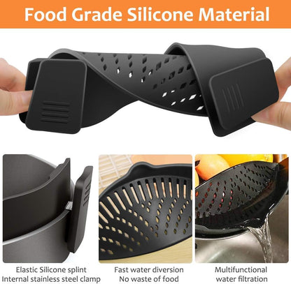 YEVIOR Clip on Strainer for All Pots Pan,Silicone Pasta Strainer Kitchen Gadgets,Collapsible Colander for Noodle,Vegetables,Fruit,Spaghetti (Grey)