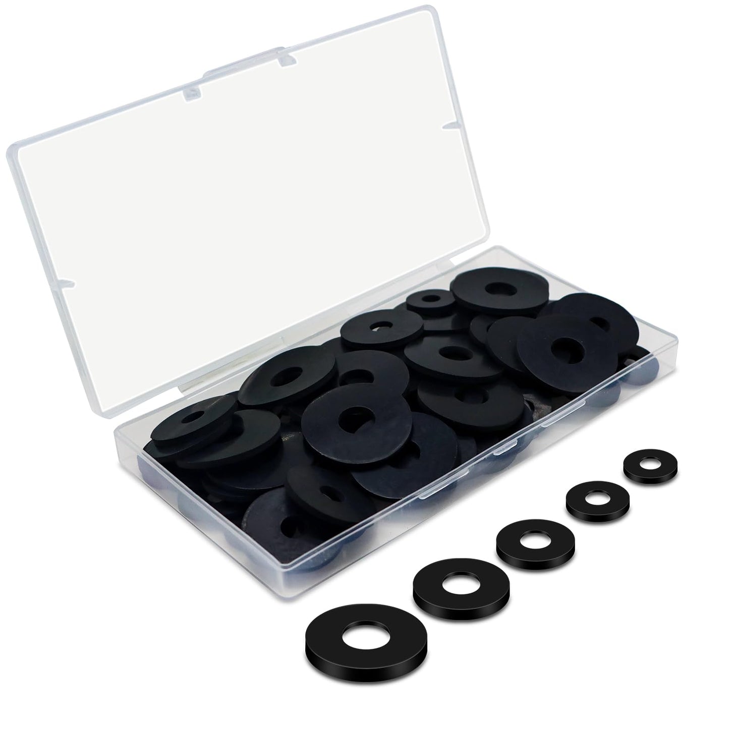 Black Flat Rubber Washers Assortment Kit 100 Pcs Set 16/18/20/25/30mm Heavy Duty Abrasion Resistant Vibration Damping Pads for Screws Plumbing Shower Head Garden Faucet