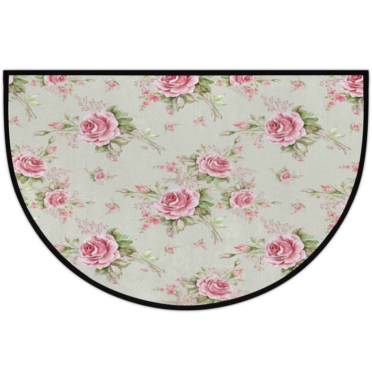 Apular 30X18 Inch Half Round Door Mat Floral Flower Rose Pattern Half Circle Rug Indoor Anti-Skid Semi Circle Doormat Entrance Floor Rug for Bathroom Kitchen Living Room Area Rugs 24 * 36in