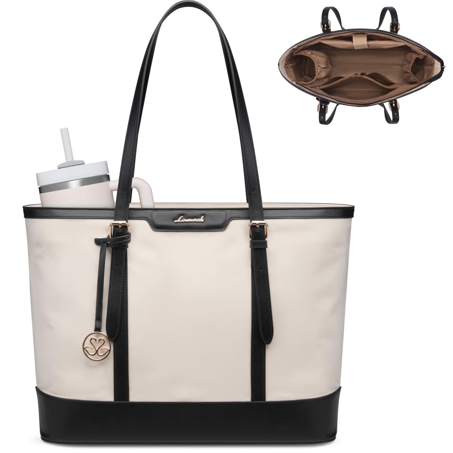 LOVEVOOK Work Tote Bag for Women 17.3 Inch Laptop Computerk Bags with Cup Holder, Large Teacher Bag Briefcase for Business Office Travel Black-White, Nylon&PU