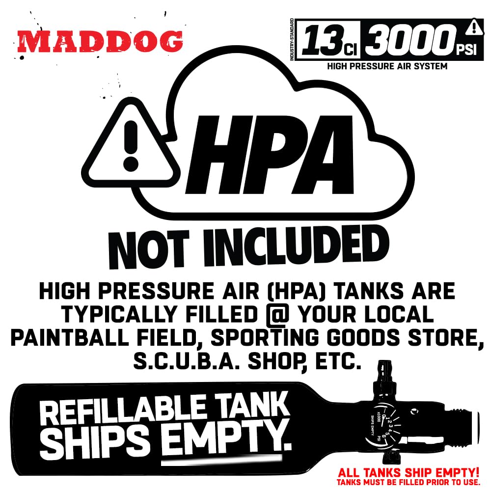 Maddog 13ci/3000psi Aluminum Compressed Air HPA Paintball Tank with Regulator - Hydro Cycle Exempt - Refillable Tank Ships Empty - 3 Pack