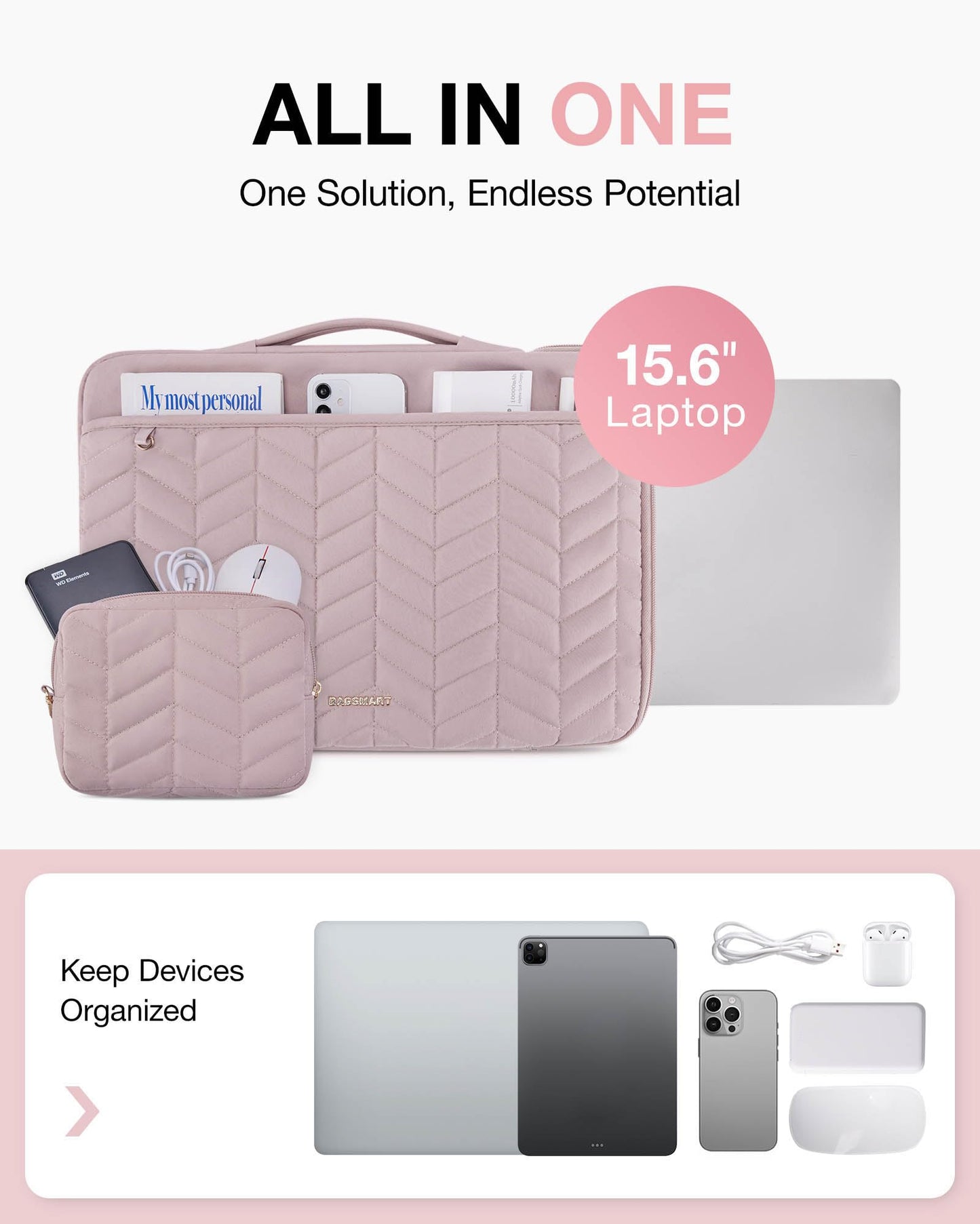 BAGSMART Laptop Case with Handle, Puffy Padded Laptop Bag Sleeve for Women, Portable MacBook Air/Pro Computer Case, 15-16 inch, Pink