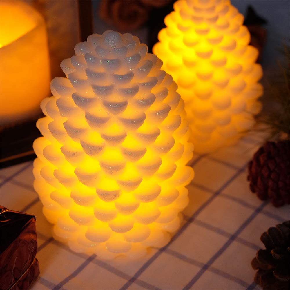 Wondise Pine Cone Flickering Flameless Candles with Remote and Timer, Battery Operated LED Real Wax Flameless Candles, for Christmas Decoration, Set of 2(Ivory)