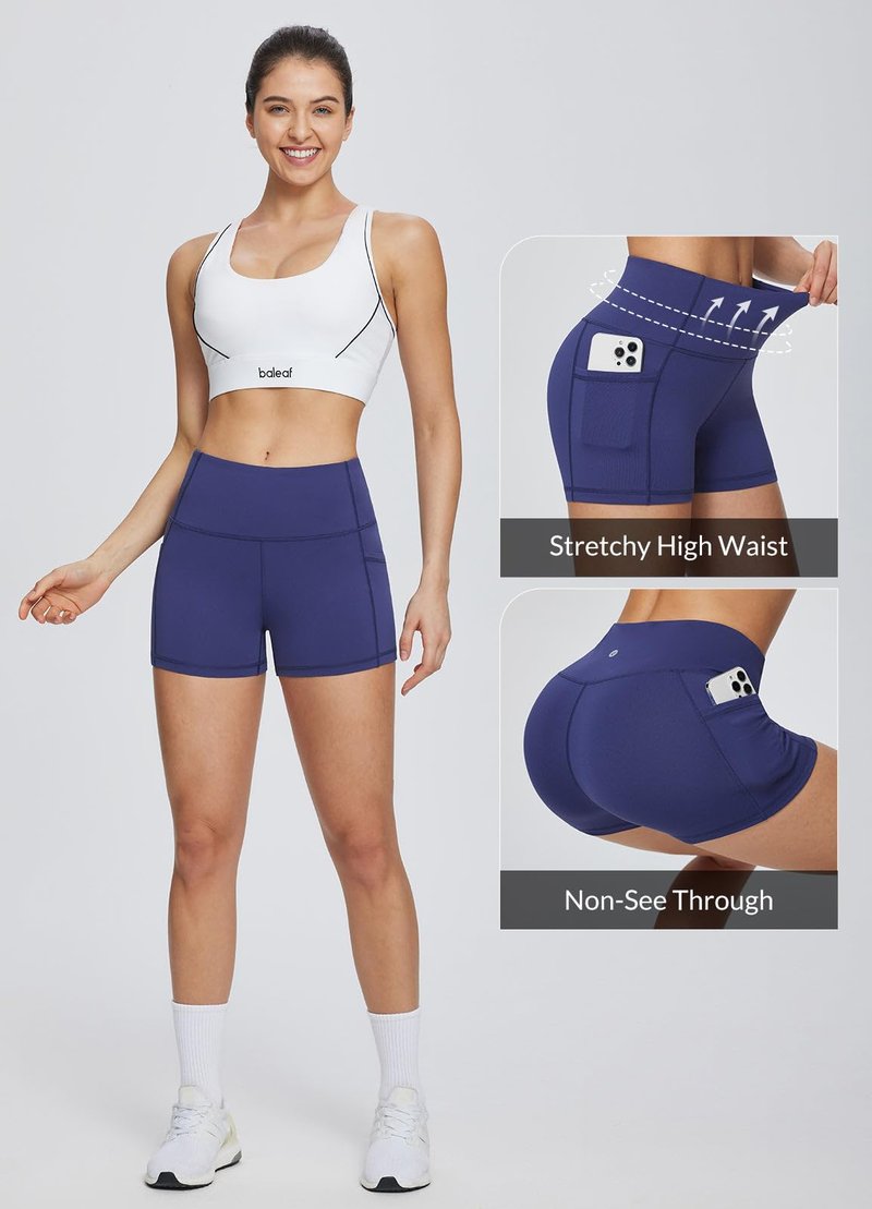 baleaf Gym Workout Shorts Women 3" Biker Yoga Spandex Running Volleyball Tummy Control Compression Short with Pockets Navy Blue M
