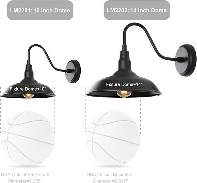 Black Outdoor Barn Light with Wall Mount 2 Pack Exterior Gooseneck Lights with 10" Dome, Farmhouse Style Outside Wall Sconce for House, Porch, Patio