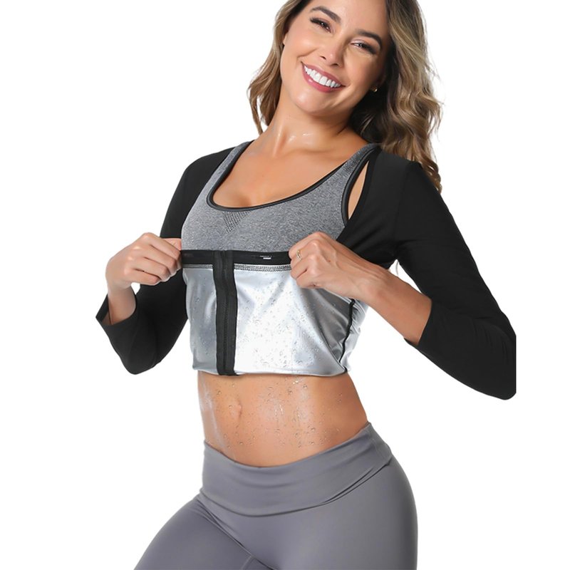 Towintec Sauna Suit for Women Heat Trapping Long Sleeve Sweat Suit Belly Fat Weight Loss Compression Shirts Waist Trainer Workout Body Shaper Tops with Zipper for Athletic Sports Training(Silver,L)
