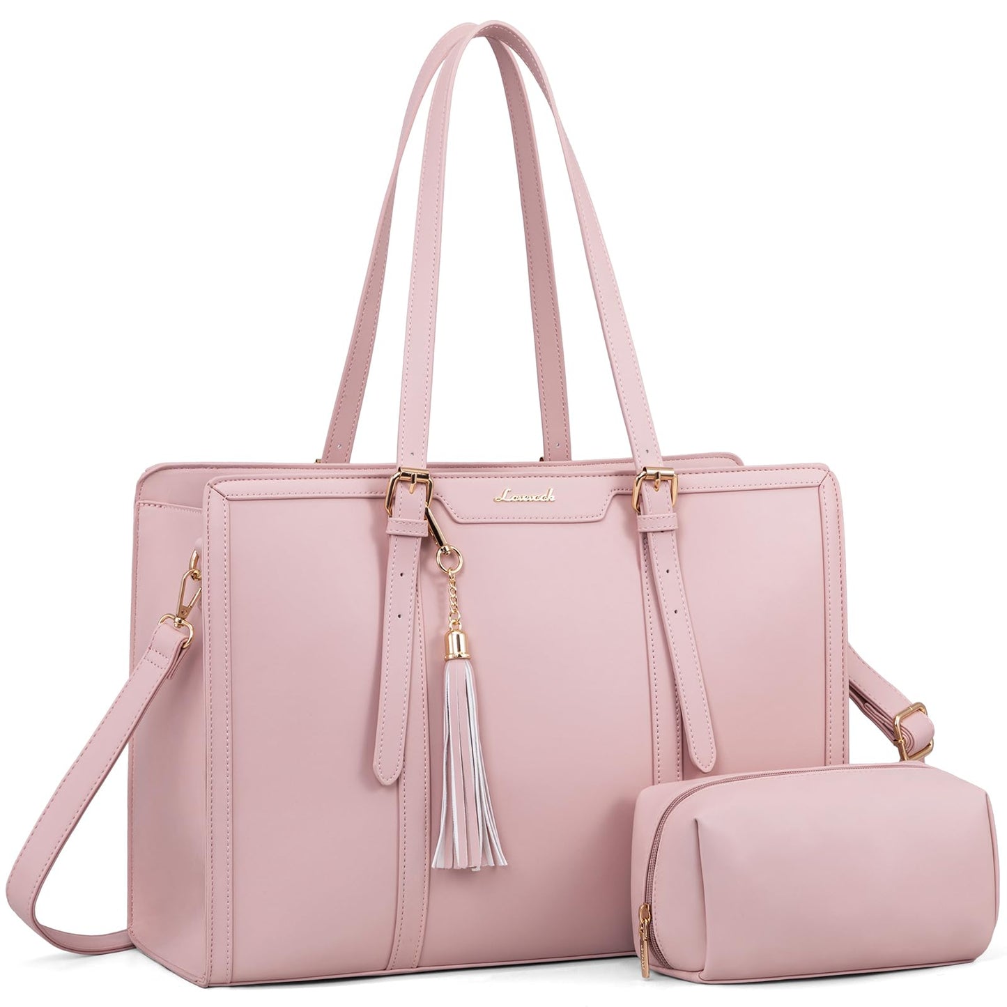 LOVEVOOK Laptop Bag for Women - 15.6 inch Lightweight PU Laptop Tote, Large Capacity Computer Bag with Clutch Purse for Business, Work, Office, Travel, Pink