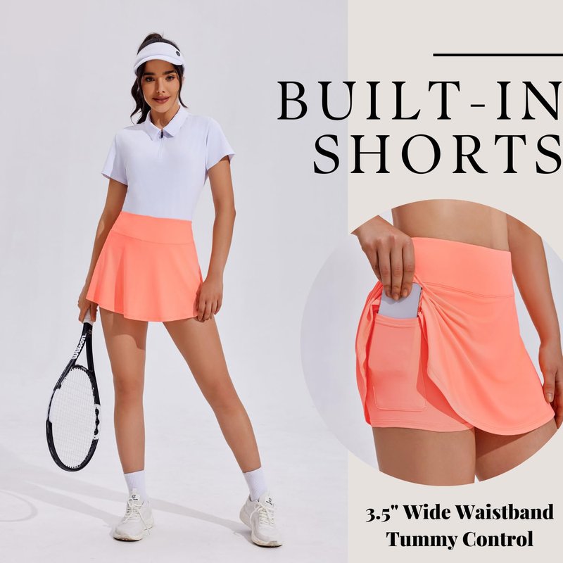 PINSPARK Skorts for Woman Tennis Skirts 13" Golf Skirts with Pocket Summer Workout Outfits,Coral X-Large