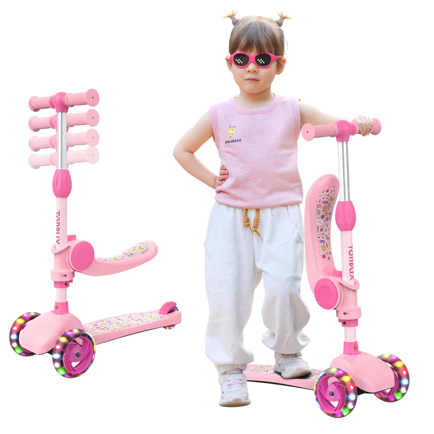 TONBUX Kids Scooter with Seat, 3 Wheels Scooter with PU Luminous Wheels, Non-Slip Handle and Wide Deck, Sensitive Brakes, 4-Level Adjustable Height, Scooters for Kids 2–8 Years Pink